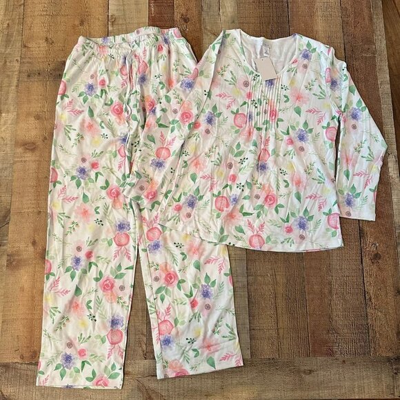 Cotn pajama set Pleated PJ with pockets in pants white and pink floral print wom - Picture 1 of 16